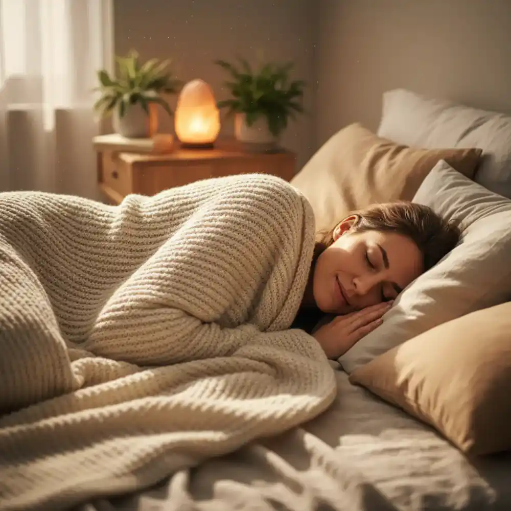 Persona durmiendo plácidamente con una manta con peso