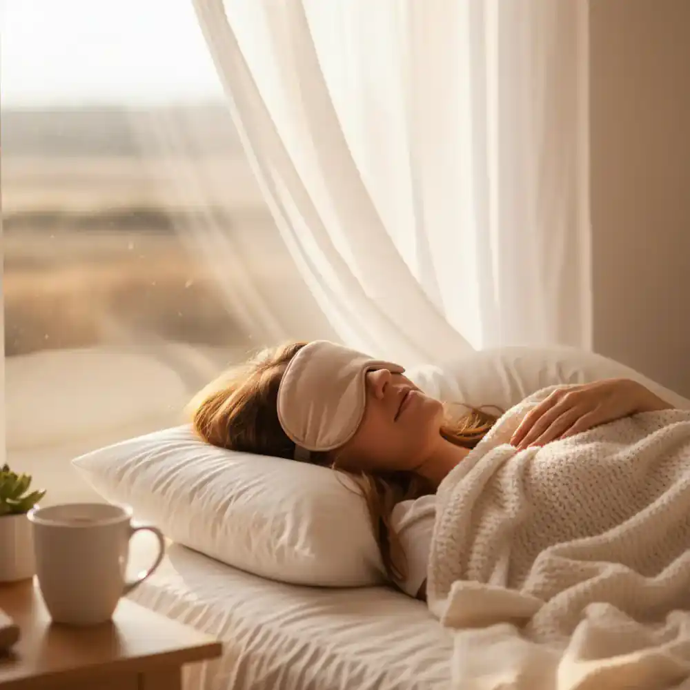 Persona relajada con antifaz para dormir