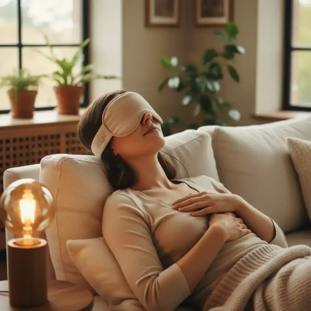 Persona descansando con máscara de sueño bluetooth